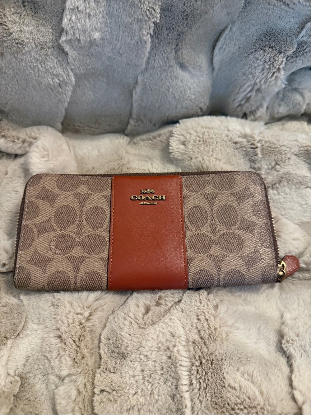 Coach Brown Signature Zip Wallet with Tan Center Panel